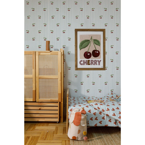 Tapeta wisienki: Little Cherries on Blue Stripes wnętrze