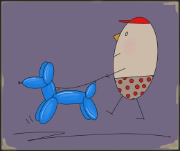 ARTWORK ON CANVAS - MR. EGG ON A WALK WITH A BALLOON DOG