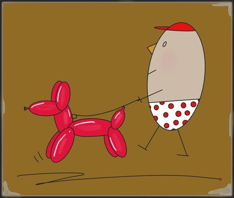 ARTWORK ON CANVAS - MR. EGG ON A WALK WITH A BALLOON DOG