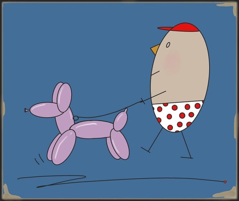 ARTWORK ON CANVAS - MR. EGG ON A WALK WITH A BALLOON DOG