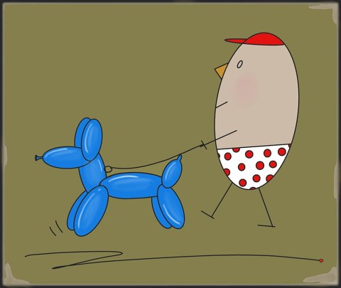 ARTWORK ON CANVAS - MR. EGG ON A WALK WITH A BALLOON DOG