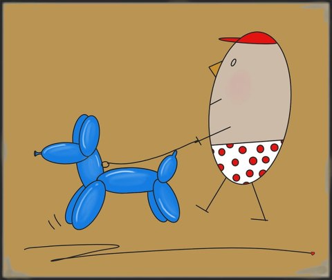 ARTWORK ON CANVAS - MR. EGG ON A WALK WITH A BALLOON DOG