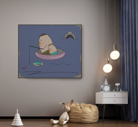 KUNSTWERK AUF LEINWAND - MR. EGG MIT SEINER TOCHTER AUF FISCH