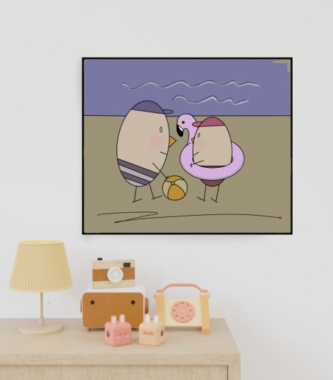 ARTWORK ON CANVAS - MR. EGG WITH HIS SON ON THE BEACH