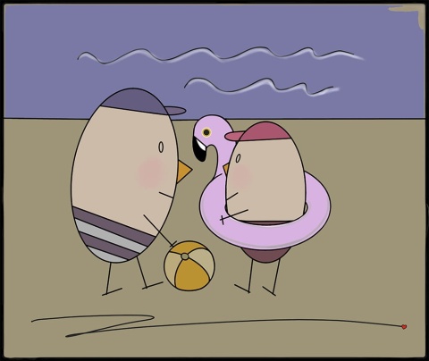 ARTWORK ON CANVAS - MR. EGG WITH HIS SON ON THE BEACH