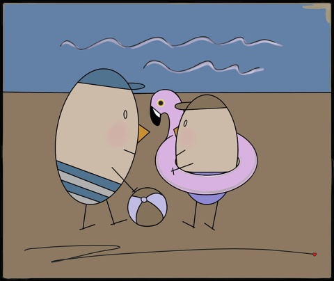 ARTWORK ON CANVAS - MR. EGG WITH HIS SON ON THE BEACH