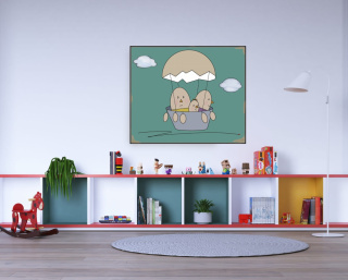 ARTWORK ON CANVAS - EGG FAMILY FLIES IN A BALLOON