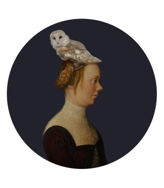 Wall decoration - mural DOTS Woman with an Owl PURPLE