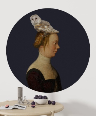 Wall decoration - mural DOTS Woman with an Owl PURPLE