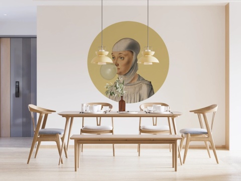 Dekoracja ścienna - mural DOTS Kobieta z Gumą Balonową CYTRYNOWY