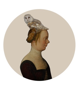 Wall decoration - mural DOTS Woman with an Owl BEIGE