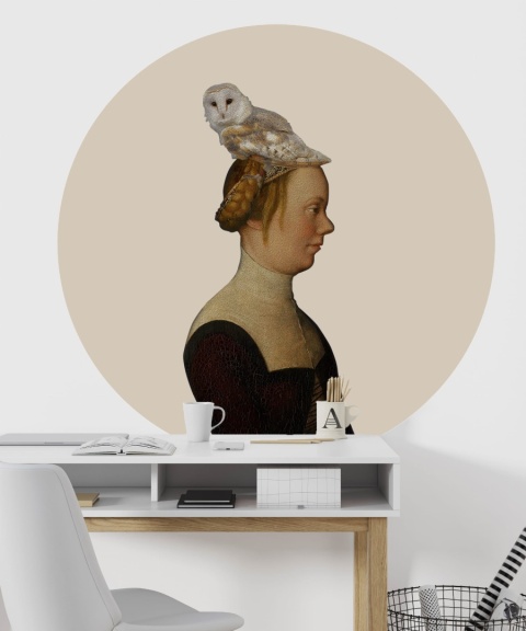 Dekoracja ścienna - mural DOTS Kobieta z sową beżowa