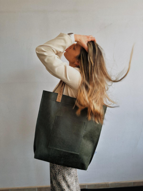 Mr.m Vintage grüne Echtledertasche/cremefarbene Griffe