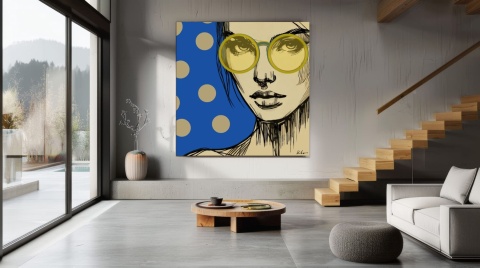DIGITAL PAINTING -WOMAN WITH GLASSES - BLUE graphic on canvas