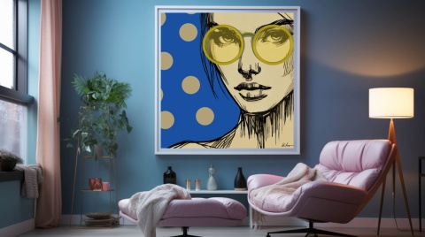 DIGITAL PAINTING -WOMAN WITH GLASSES - BLUE graphic on canvas
