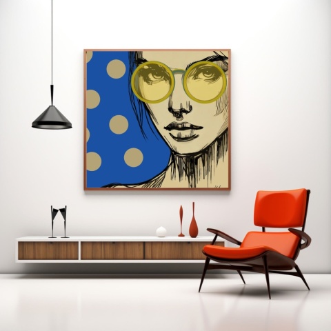 DIGITAL PAINTING -WOMAN WITH GLASSES - BLUE graphic on canvas