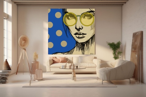 DIGITAL PAINTING -WOMAN WITH GLASSES - BLUE graphic on canvas