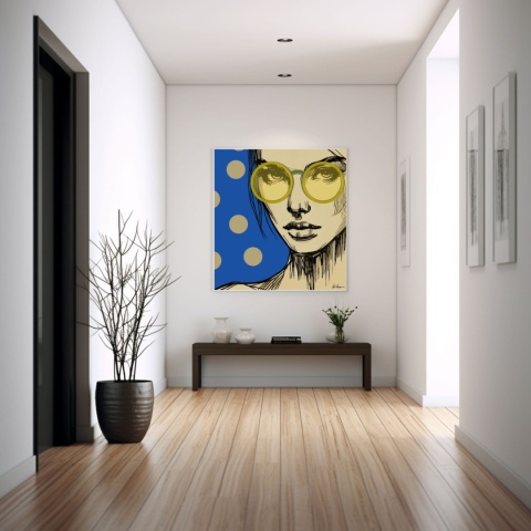 DIGITAL PAINTING -WOMAN WITH GLASSES - BLUE graphic on canvas