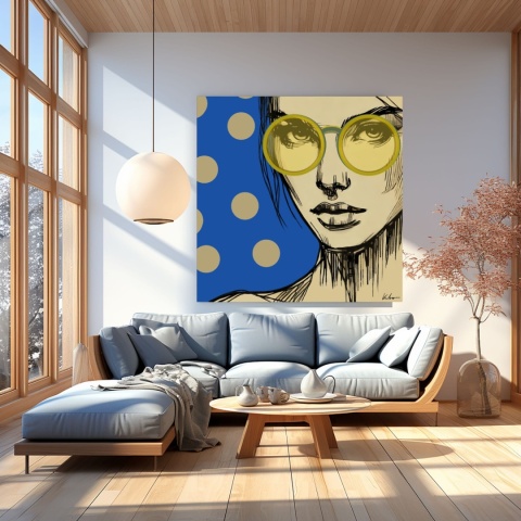 DIGITAL PAINTING -WOMAN WITH GLASSES - BLUE graphic on canvas
