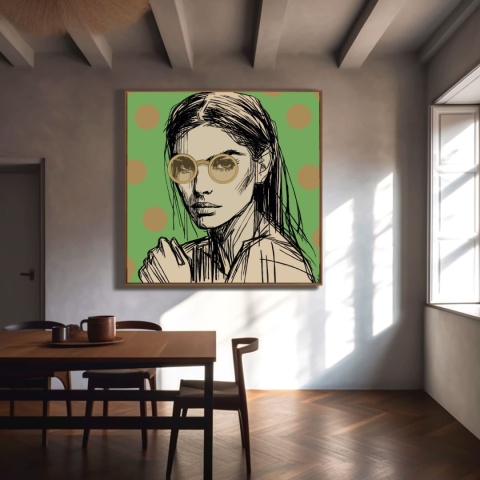 DIGITAL PAINTING -WOMAN WITH GLASSES - GREEN graphic on canvas