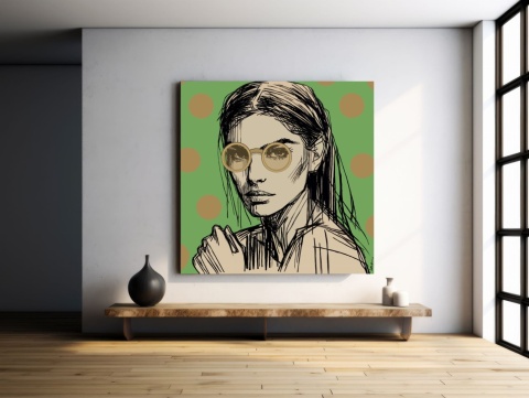 DIGITAL PAINTING -WOMAN WITH GLASSES - GREEN graphic on canvas