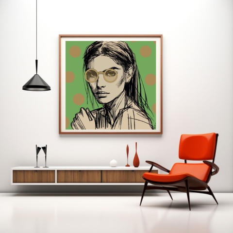 DIGITAL PAINTING -WOMAN WITH GLASSES - GREEN graphic on canvas