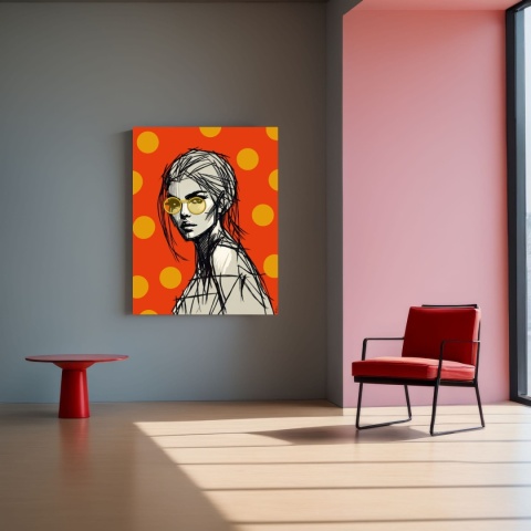 DIGITAL PAINTING -WOMAN WITH GLASSES - ORANGE graphic on canvas