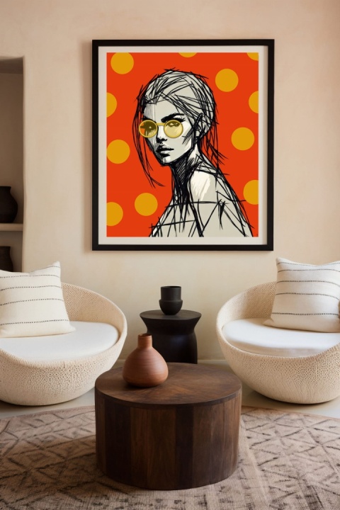 DIGITAL PAINTING -WOMAN WITH GLASSES - ORANGE graphic on canvas