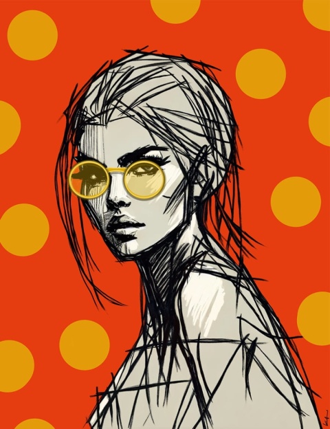 DIGITAL PAINTING -WOMAN WITH GLASSES - ORANGE graphic on canvas