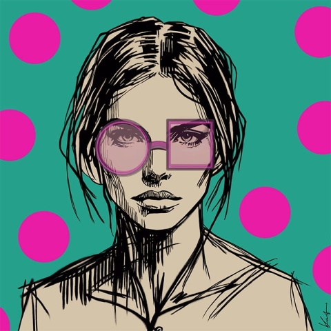 DIGITAL PAINTING - WOMAN WITH GLASSES - PINK grafika na płótnie