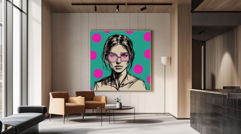 DIGITAL PAINTING - WOMAN WITH GLASSES - PINK grafika na płótnie