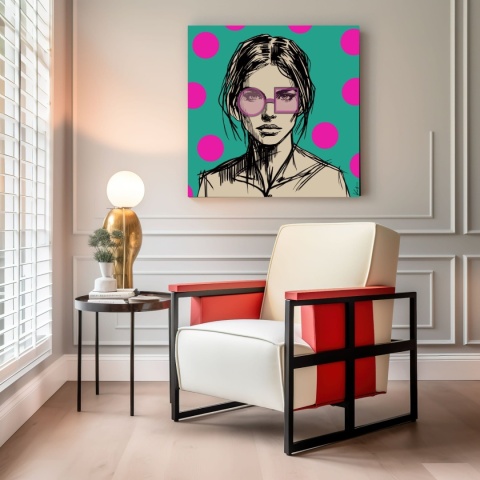 DIGITAL PAINTING - WOMAN WITH GLASSES - PINK grafika na płótnie