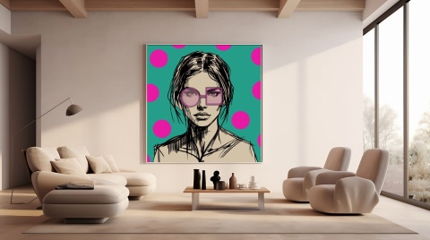 DIGITAL PAINTING - WOMAN WITH GLASSES - PINK grafika na płótnie