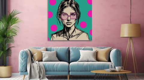 DIGITAL PAINTING - WOMAN WITH GLASSES - PINK grafika na płótnie