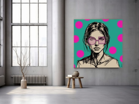 DIGITAL PAINTING - WOMAN WITH GLASSES - PINK grafika na płótnie