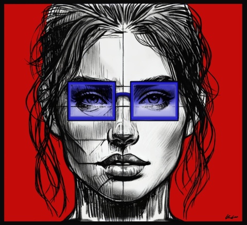 DIGITAL PAINTING -WOMAN WITH GLASSES - RED graphic on canvas