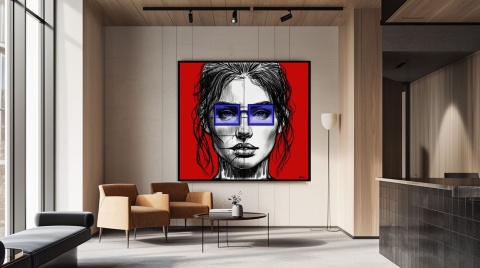 DIGITAL PAINTING -WOMAN WITH GLASSES - RED graphic on canvas