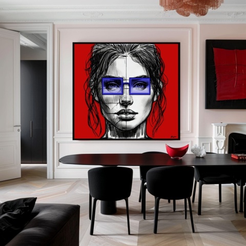 DIGITAL PAINTING -WOMAN WITH GLASSES - RED graphic on canvas