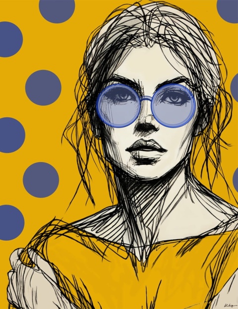 DIGITAL PAINTING - WOMAN WITH GLASSES - YELLOW grafika na płótnie
