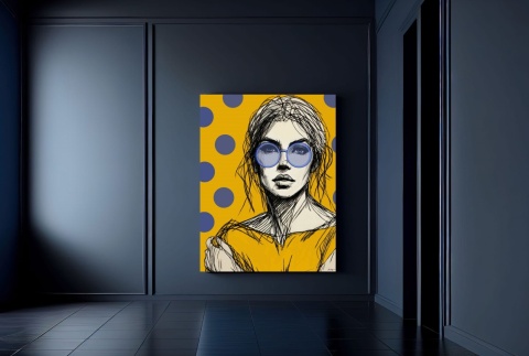 DIGITAL PAINTING - WOMAN WITH GLASSES - YELLOW grafika na płótnie