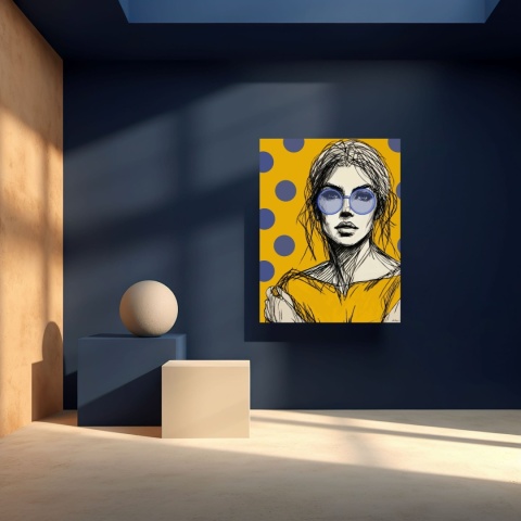 DIGITAL PAINTING - WOMAN WITH GLASSES - YELLOW grafika na płótnie