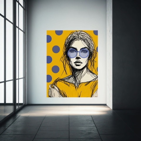 DIGITAL PAINTING - WOMAN WITH GLASSES - YELLOW grafika na płótnie