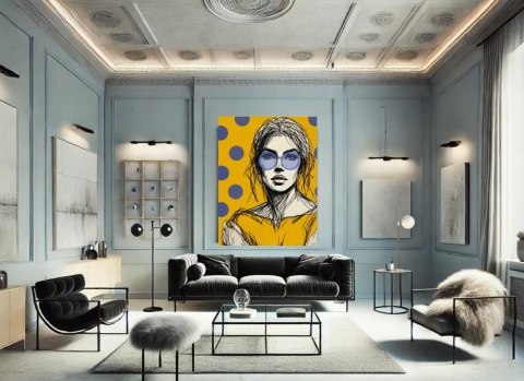 DIGITAL PAINTING - WOMAN WITH GLASSES - YELLOW grafika na płótnie