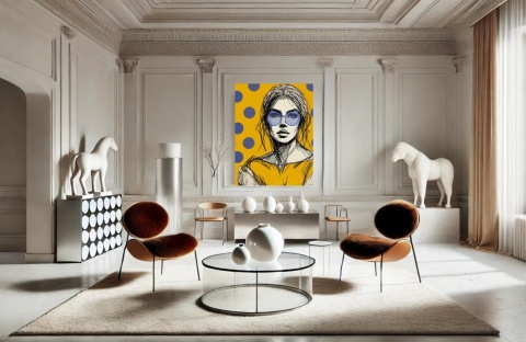 DIGITAL PAINTING - WOMAN WITH GLASSES - YELLOW grafika na płótnie