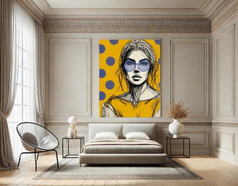 DIGITAL PAINTING - WOMAN WITH GLASSES - YELLOW grafika na płótnie