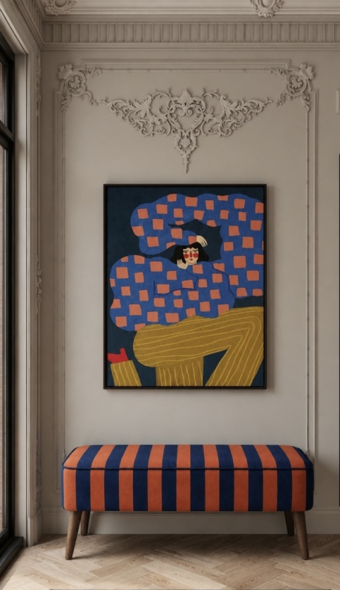 Mr. m bench with navy blue stripes and walnut legs
